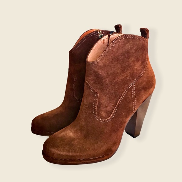 Frye Madeline Short Dark Brown Suede Zip Up Southwestern Heeled Pointy AnkleBoot - Picture 10 of 16
